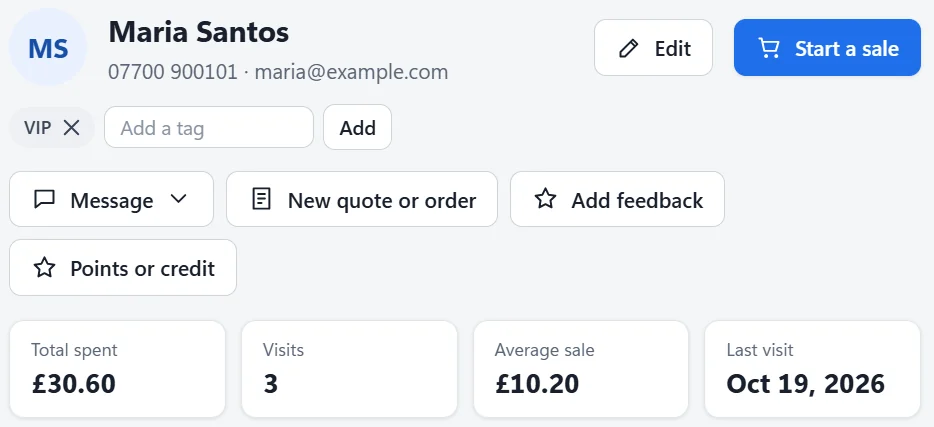 Maria Santos's customer profile: tag, quick actions, total spent, visits, average sale and last visit