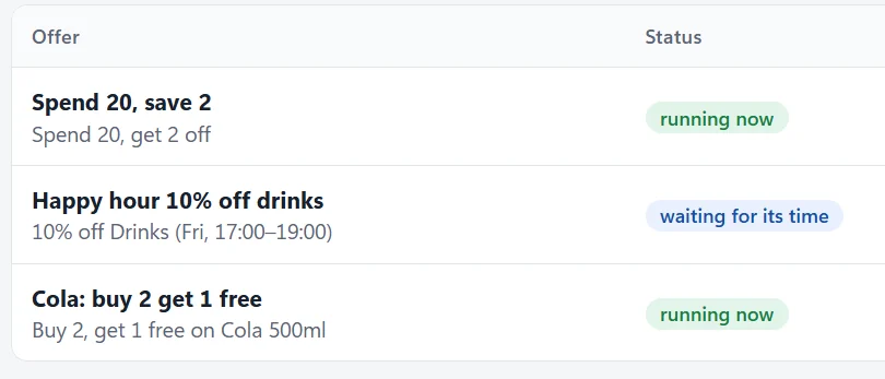 Three offers: spend 20 save 2, a Friday happy hour, and cola buy 2 get 1 free
